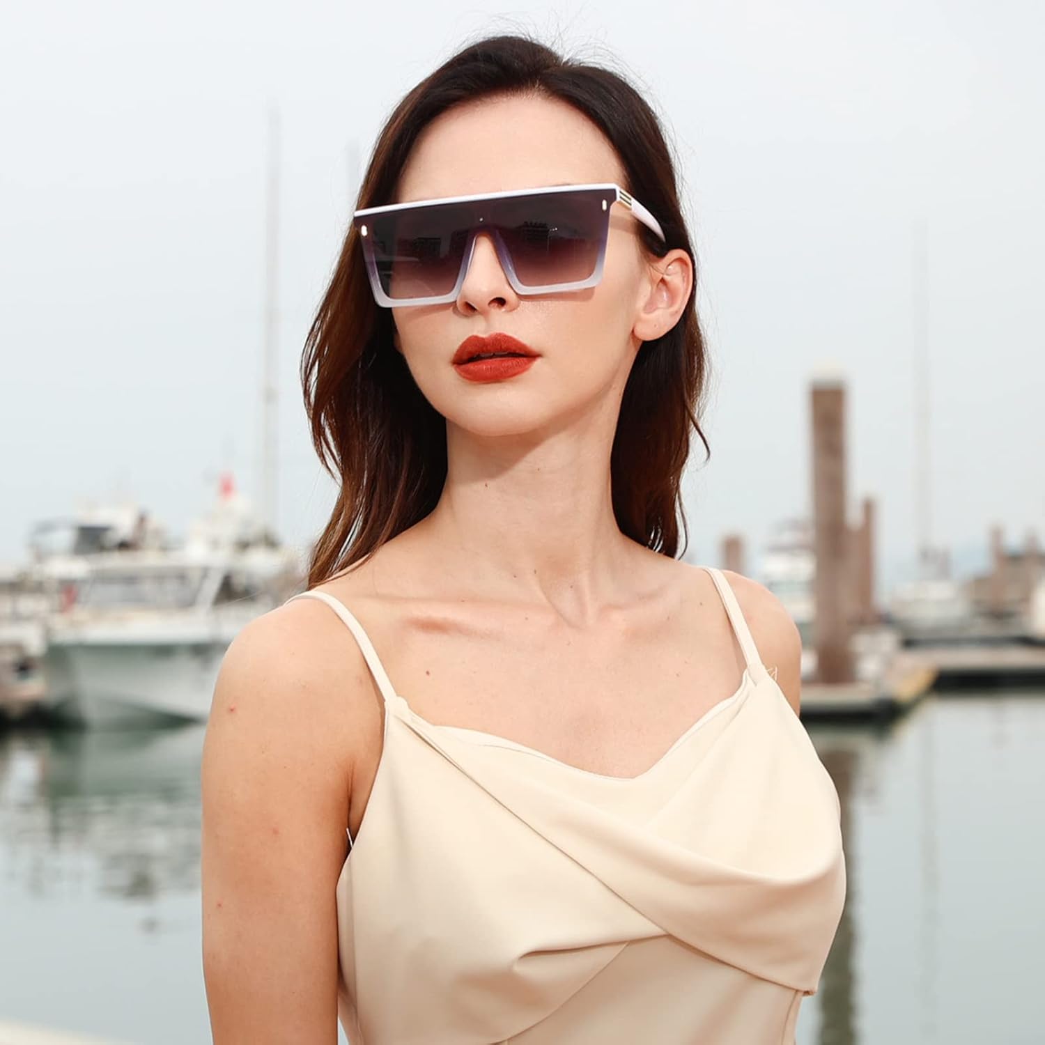 Dollger Square Oversized Sunglasses for Women Men Trendy Flat Top Big Black Shades UV400 Sunnies