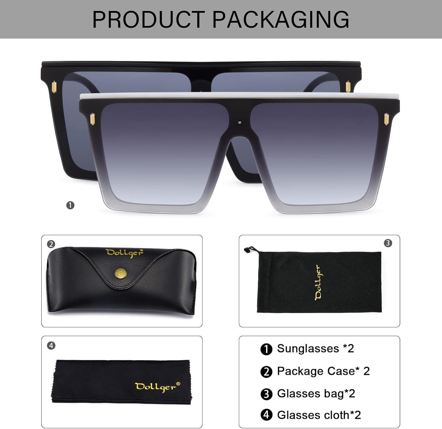 Dollger Square Oversized Sunglasses for Women Men Trendy Flat Top Big Black Shades UV400 Sunnies