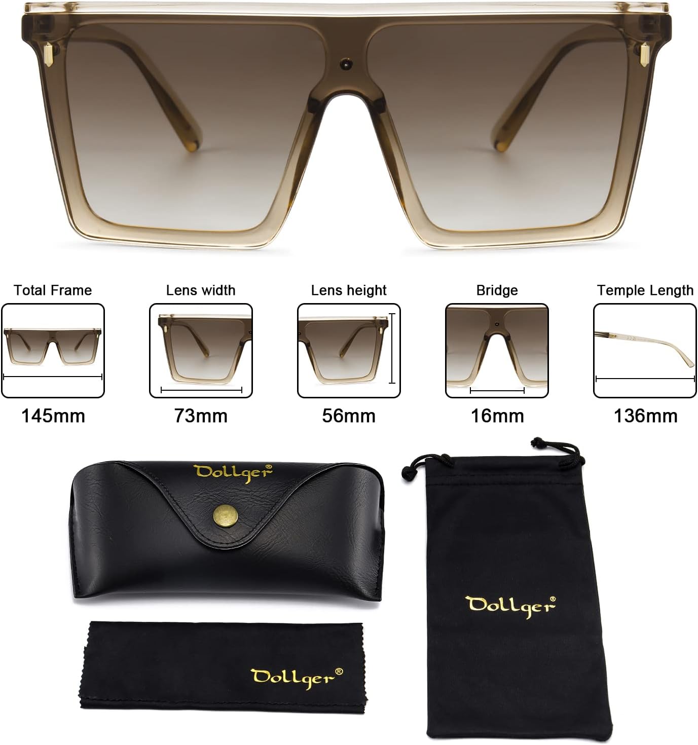Dollger Square Oversized Sunglasses for Women Men Trendy Flat Top Big Black Shades UV400 Sunnies