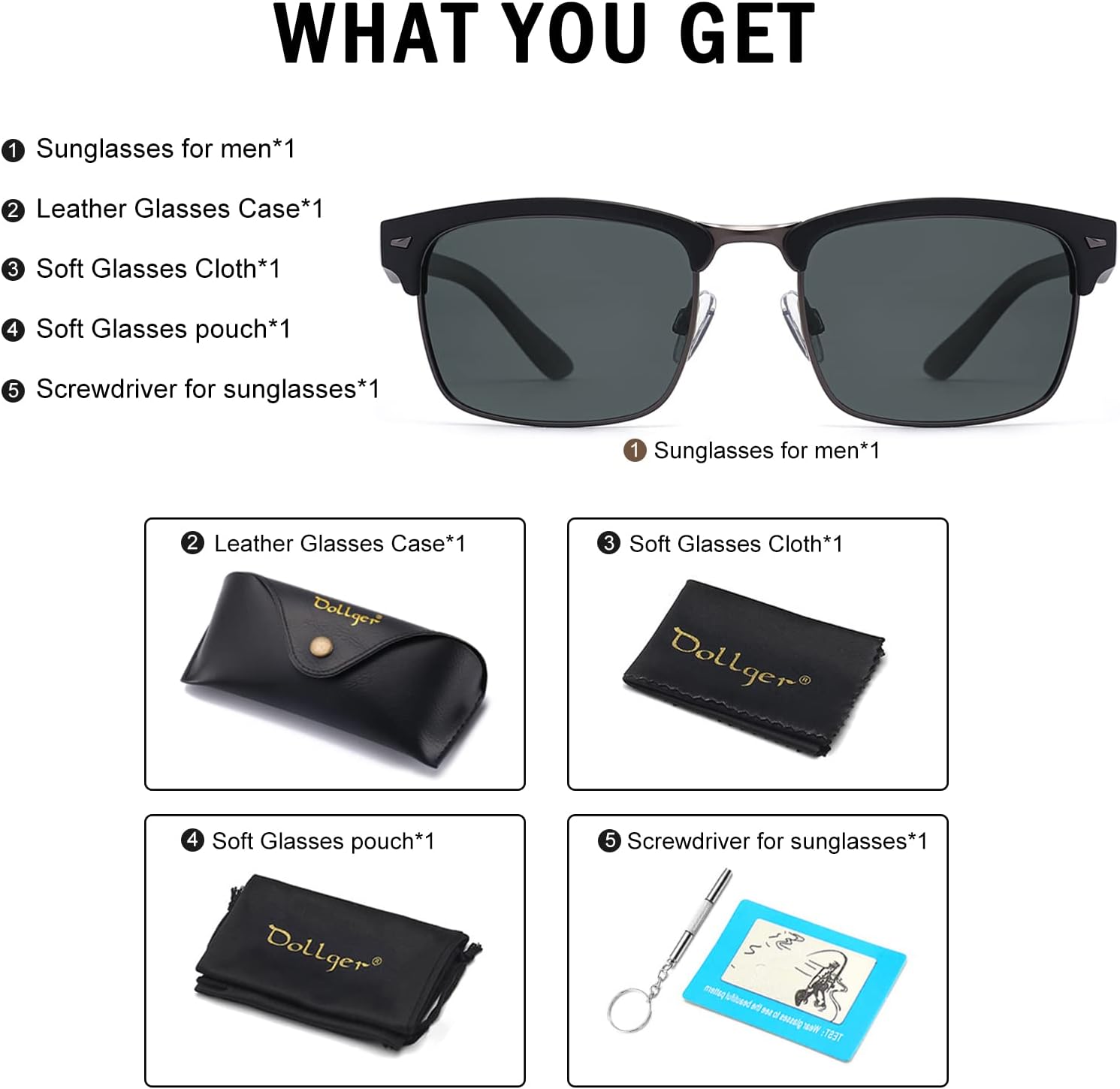 Dollger Polarized Sunglasses Men Half Frame Square Semi-Rimless Driving Sun Glasses Shades for Men UV400 Protection