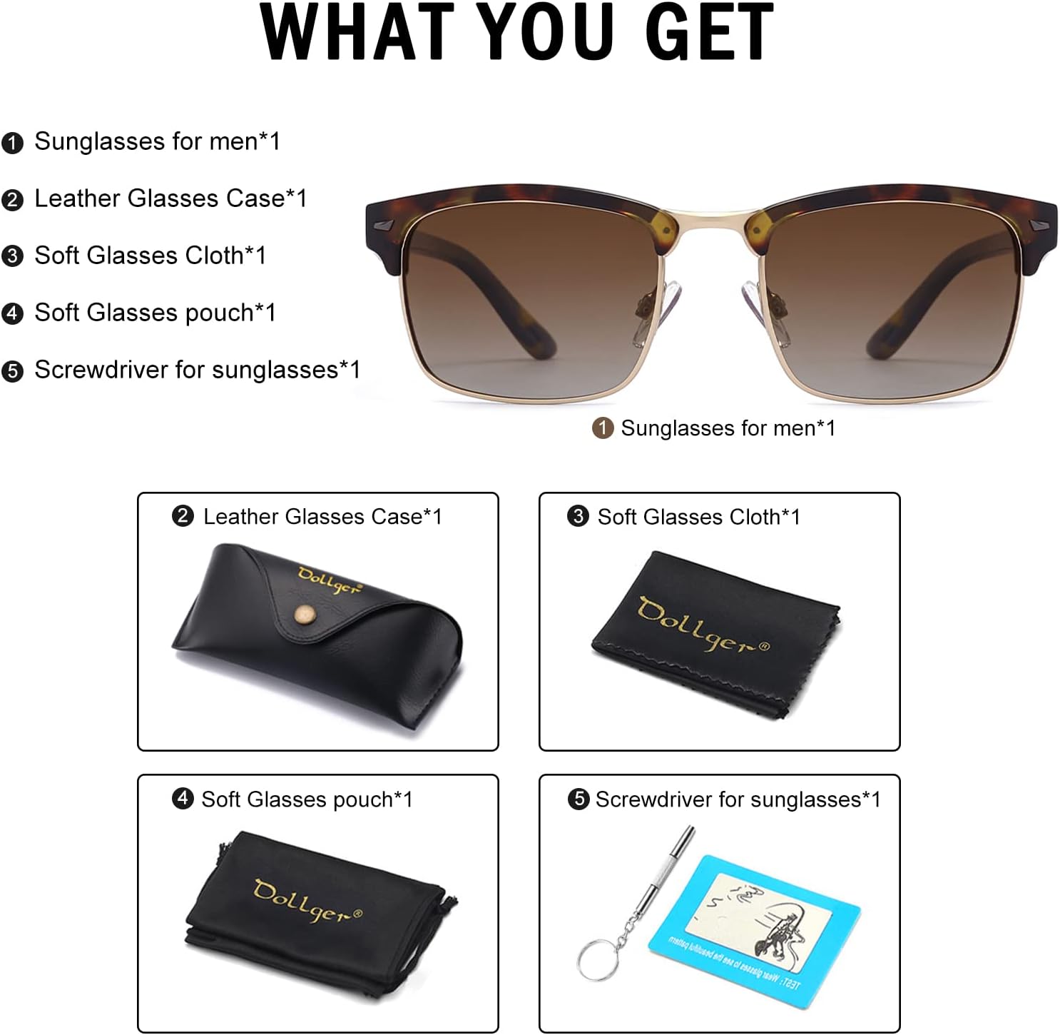 Dollger Polarized Sunglasses Men Half Frame Square Semi-Rimless Driving Sun Glasses Shades for Men UV400 Protection