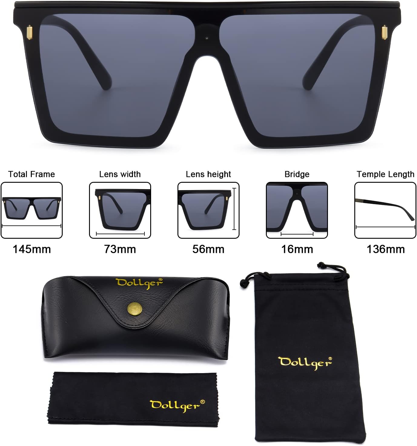 Dollger Square Oversized Sunglasses for Women Men Trendy Flat Top Big Black Shades UV400 Sunnies