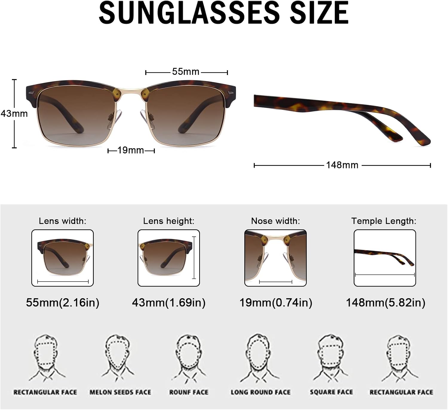 Dollger Polarized Sunglasses Men Half Frame Square Semi-Rimless Driving Sun Glasses Shades for Men UV400 Protection
