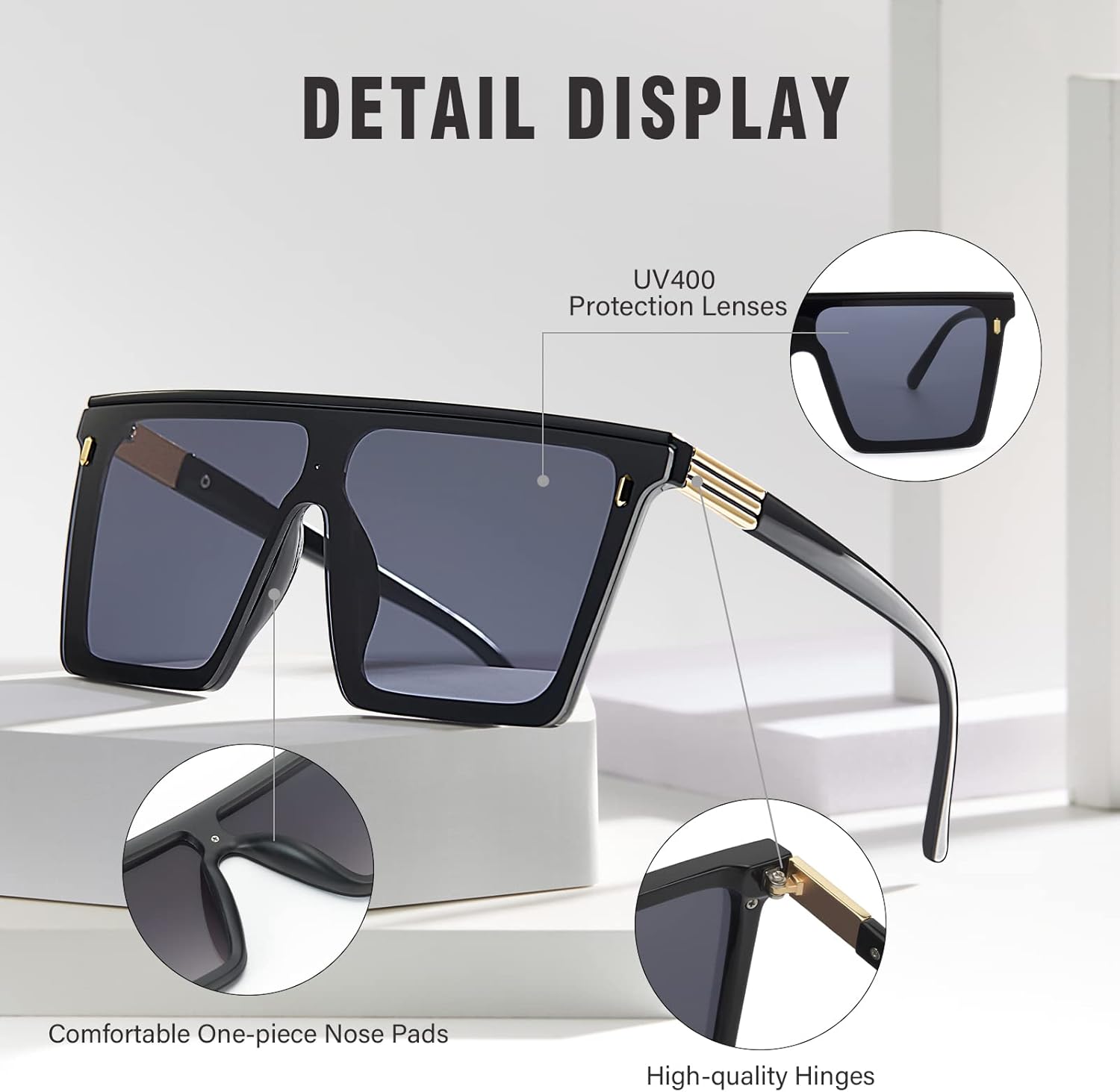 Dollger Square Oversized Sunglasses for Women Men Trendy Flat Top Big Black Shades UV400 Sunnies