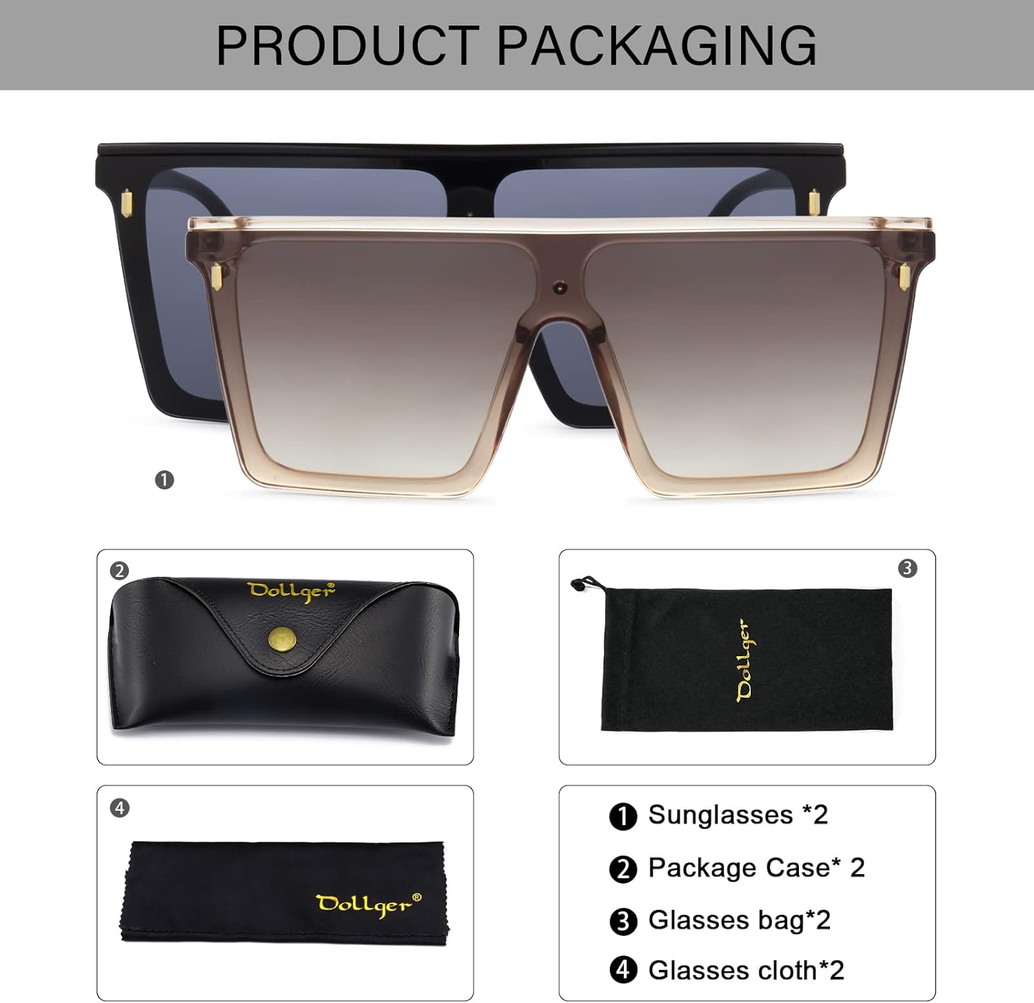 Dollger Square Oversized Sunglasses for Women Men Trendy Flat Top Big Black Shades UV400 Sunnies