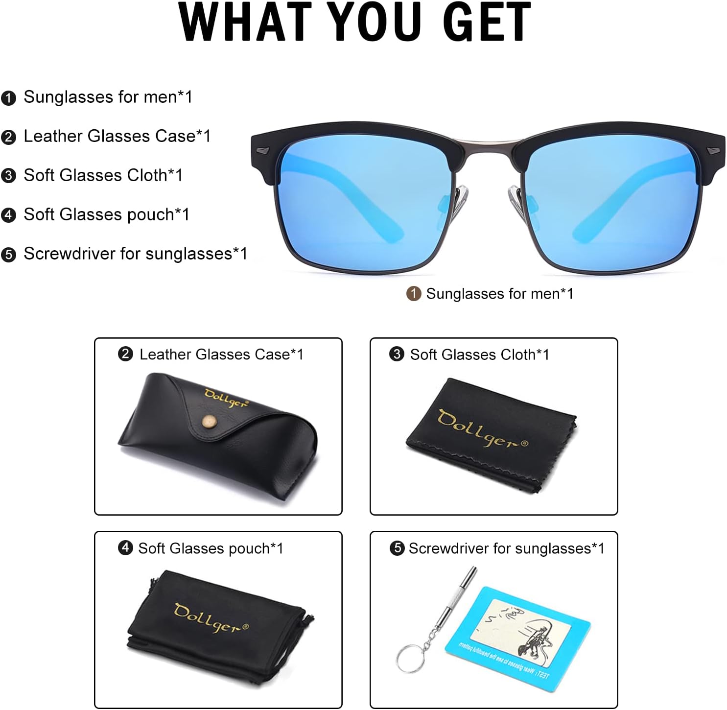 Dollger Polarized Sunglasses Men Half Frame Square Semi-Rimless Driving Sun Glasses Shades for Men UV400 Protection