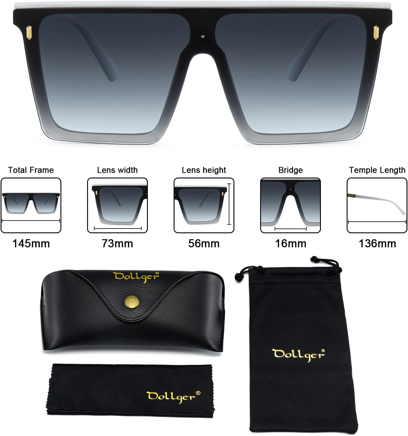 Dollger Square Oversized Sunglasses for Women Men Trendy Flat Top Big Black Shades UV400 Sunnies