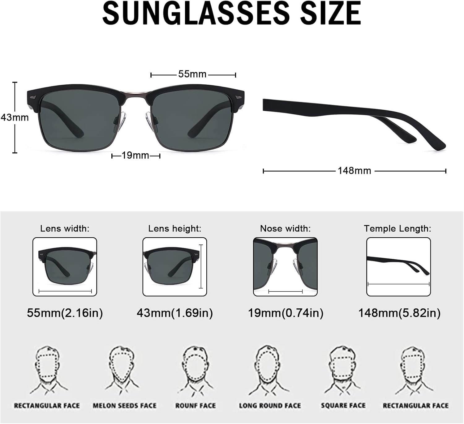 Dollger Polarized Sunglasses Men Half Frame Square Semi-Rimless Driving Sun Glasses Shades for Men UV400 Protection