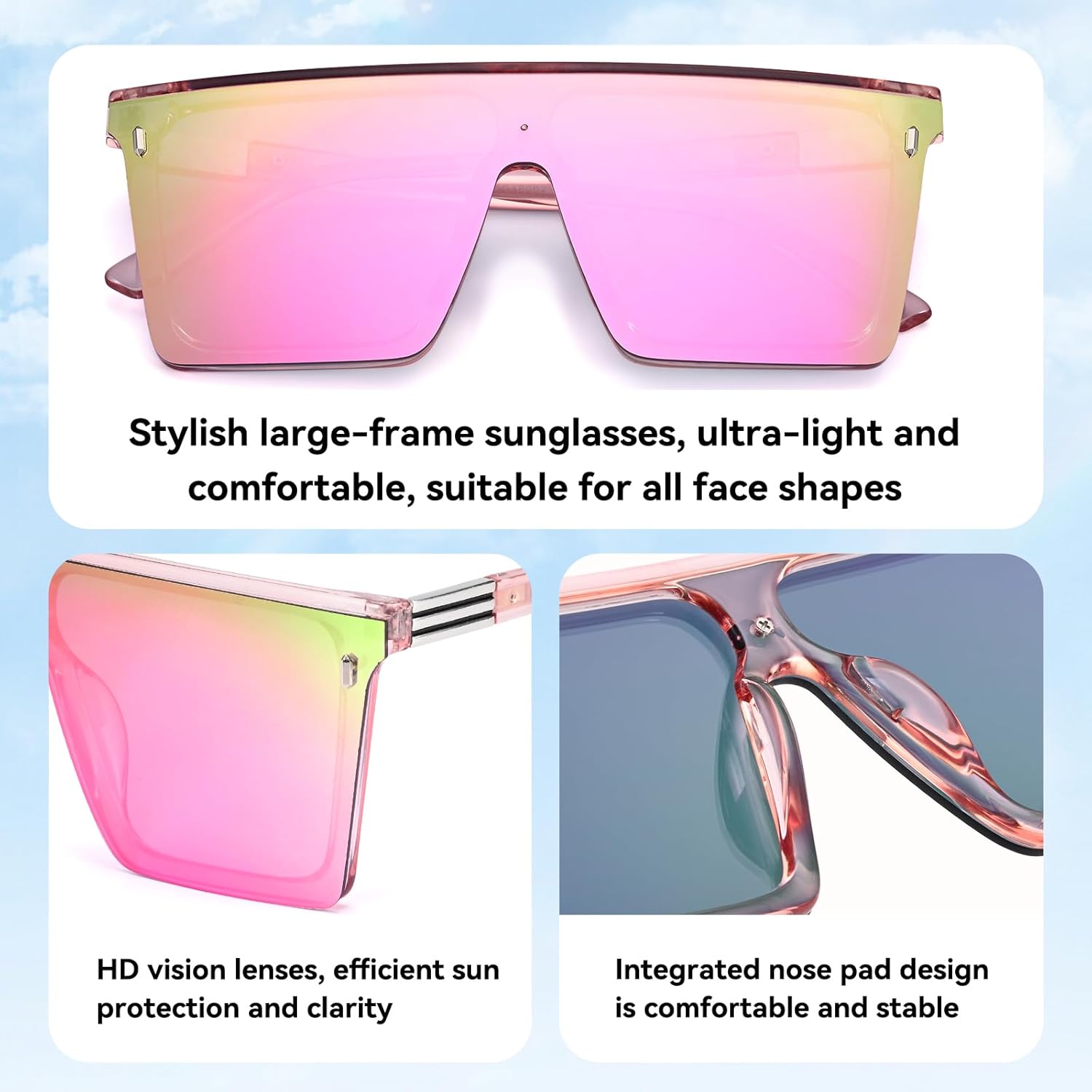 Dollger Square Oversized Sunglasses for Women Men Trendy Flat Top Big Black Shades UV400 Sunnies