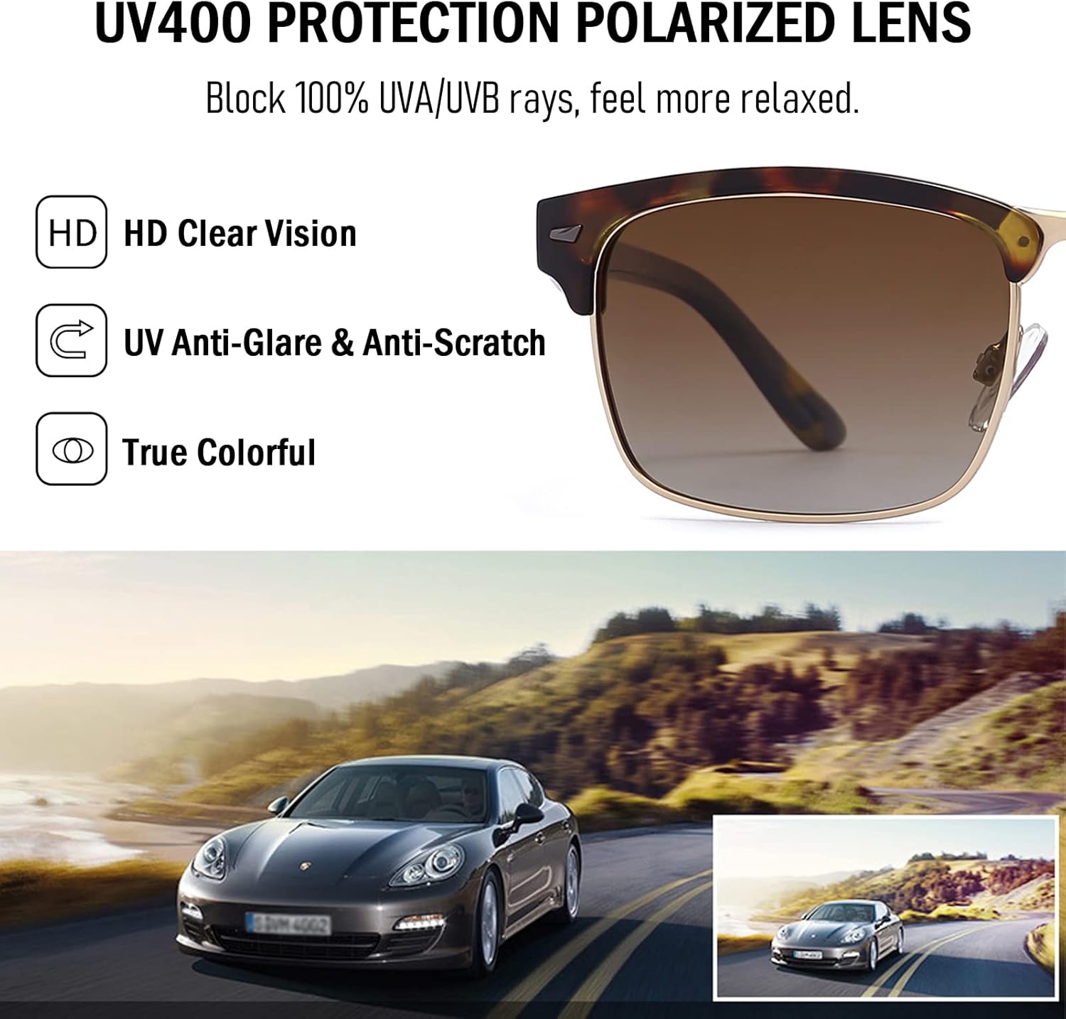 Dollger Polarized Sunglasses Men Half Frame Square Semi-Rimless Driving Sun Glasses Shades for Men UV400 Protection