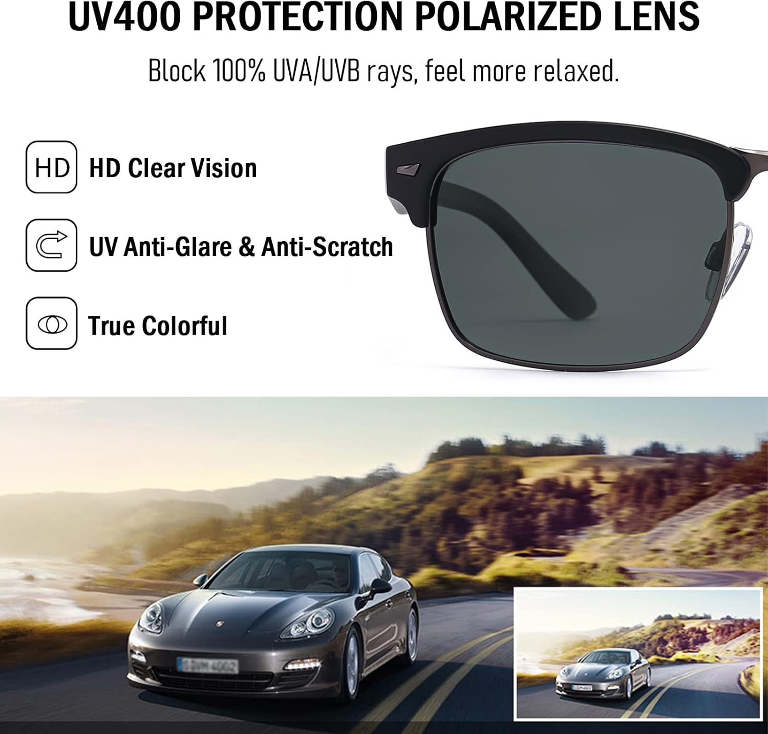 Dollger Polarized Sunglasses Men Half Frame Square Semi-Rimless Driving Sun Glasses Shades for Men UV400 Protection